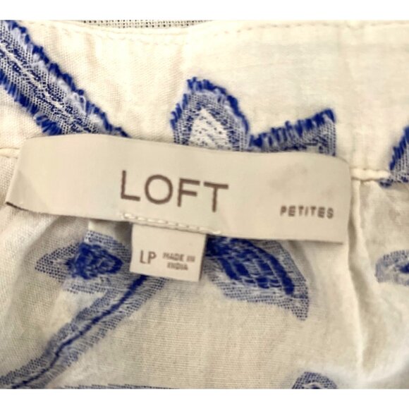 Loft Petites White & Blue Embroidered Long Sleeve Blouse Large P - Picture 4 of 9